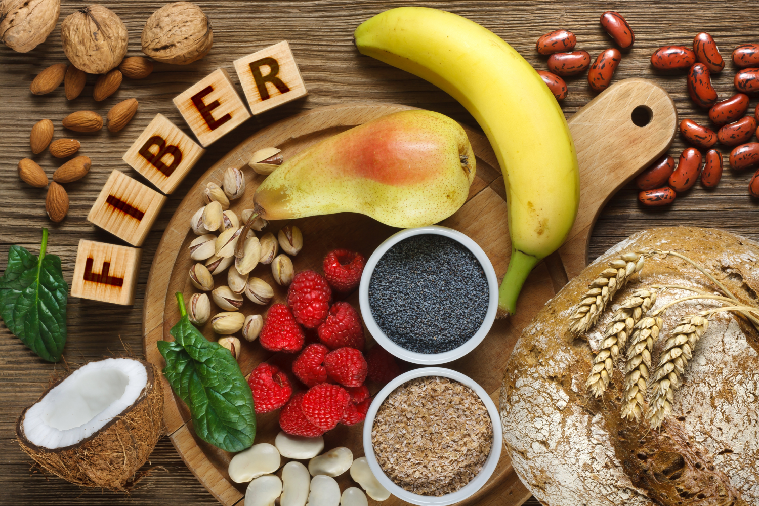 fiber oats, fruits, nuts