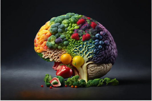 Brain made of colorful fruits and vegetables, showing probiotics for mental health