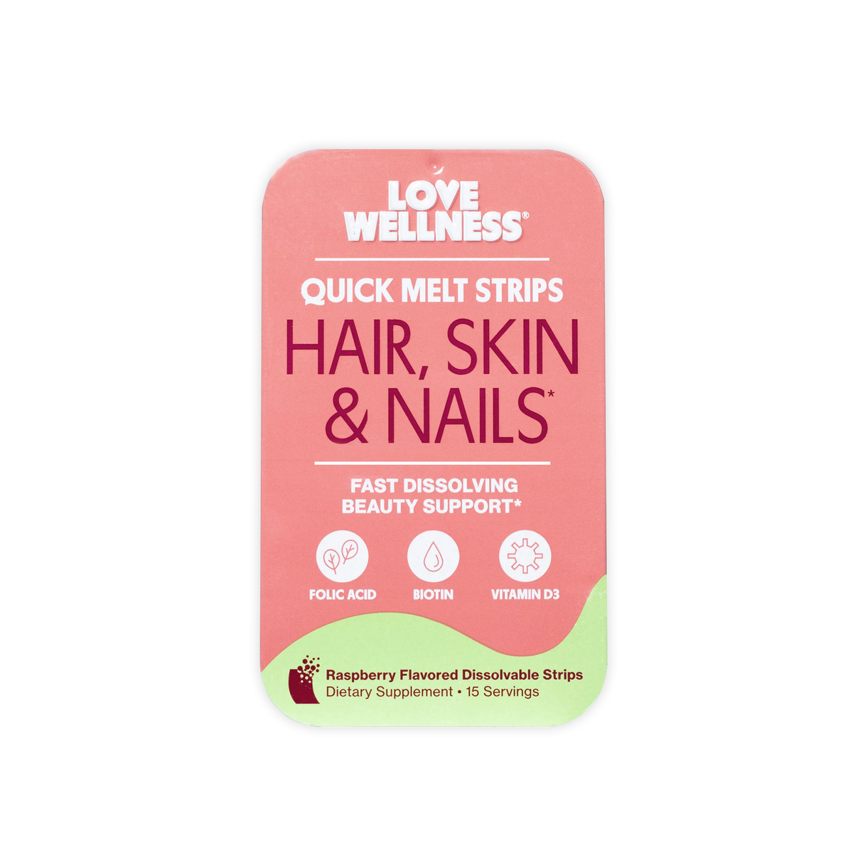 A pink and light green package of Love Wellness Quick Melt Strips for Hair, Skin & Nails, shown on a plain white background.