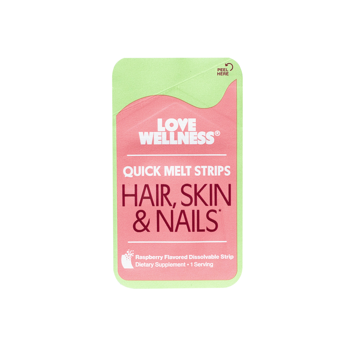 A single Love Wellness Quick Melt Strips packet for hair, skin, and nails, featuring a pink and light green design.
