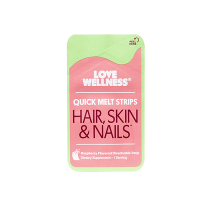 A single Love Wellness Quick Melt Strips packet for hair, skin, and nails, featuring a pink and light green design.